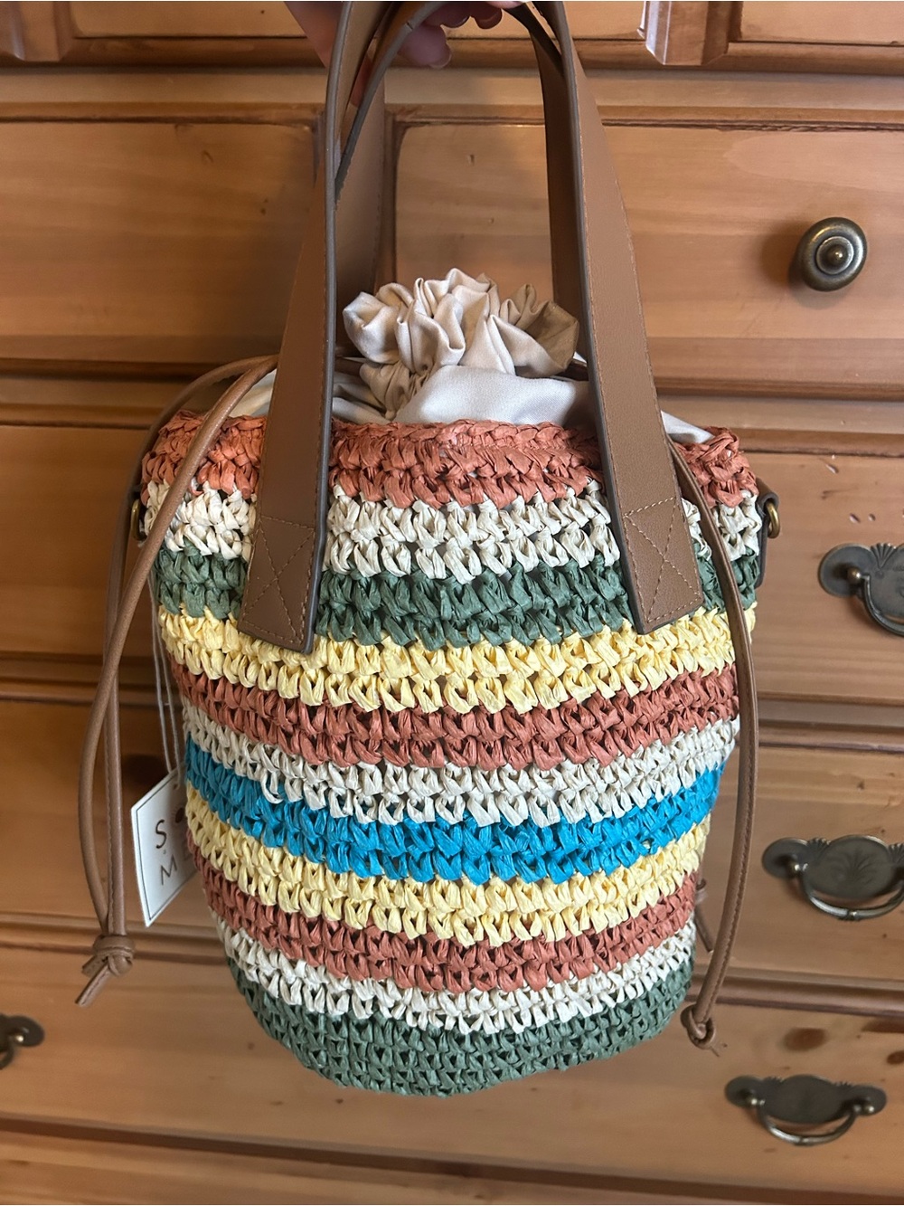 Sol and Mer Raffia Striped Drawstring Handbag NWT - Picture 2 of 11